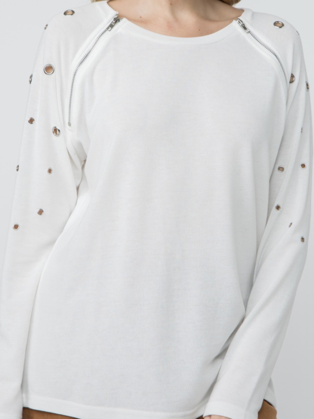 Vocal white round neck long dolman sleeve top with grommets & zipper